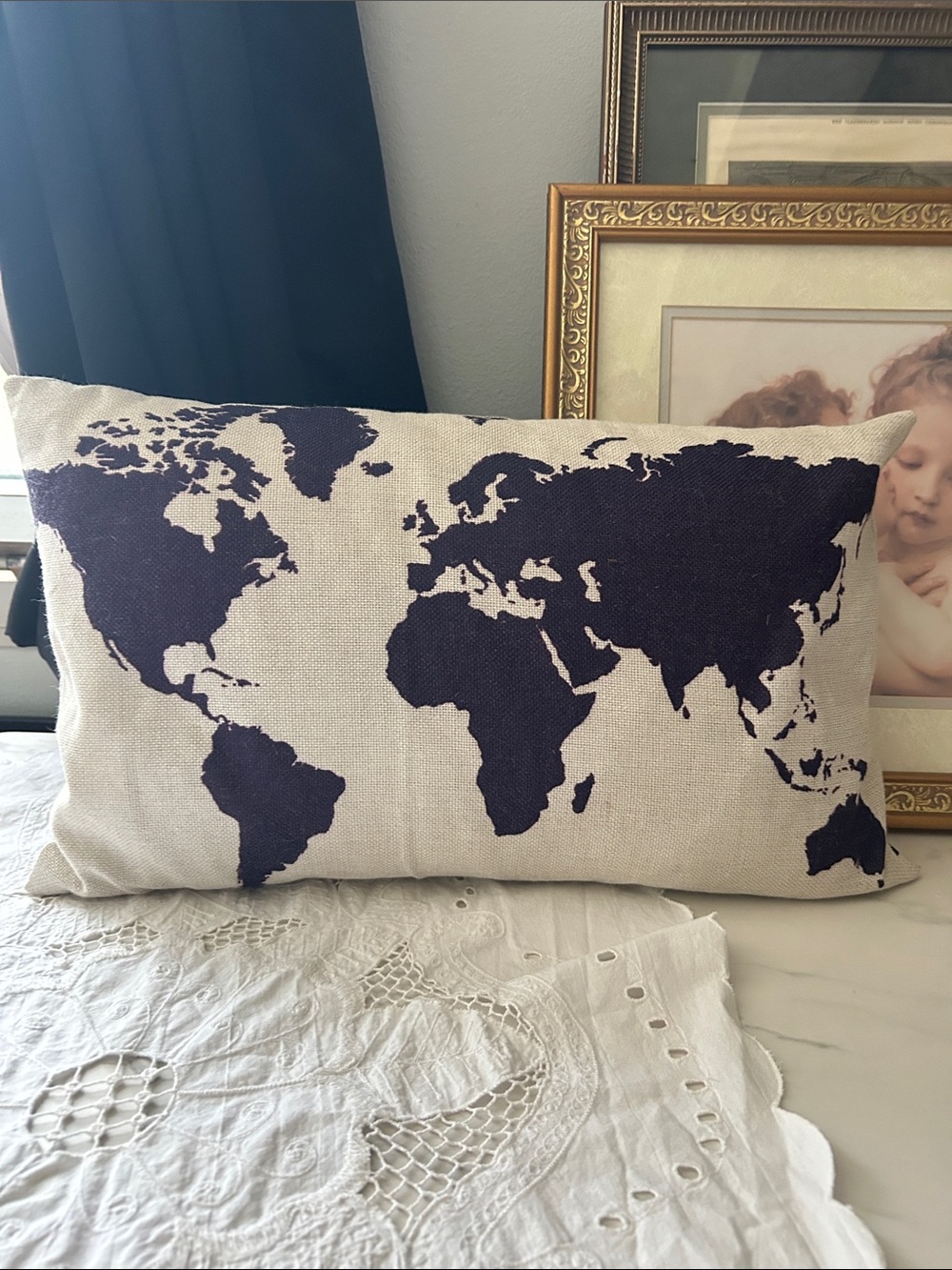 Natural Linen World Map Accent Pillow with Navy Print